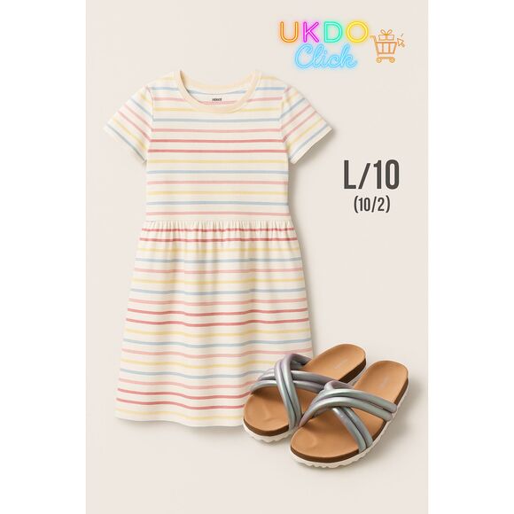 Girls Striped Knit Dress Size L + Old Navy Iridescent Slides 3 Bundle Outfit - Picture 2 of 6